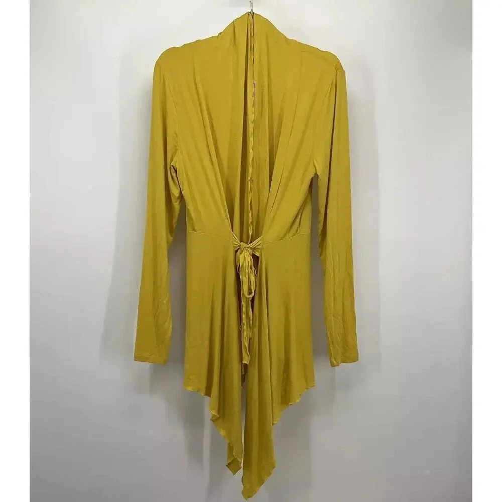 BCBGMAXAZRIA Wrap Blouse Size‎ Medium Yellow Shirt Long Sleeve Tunic Open Front